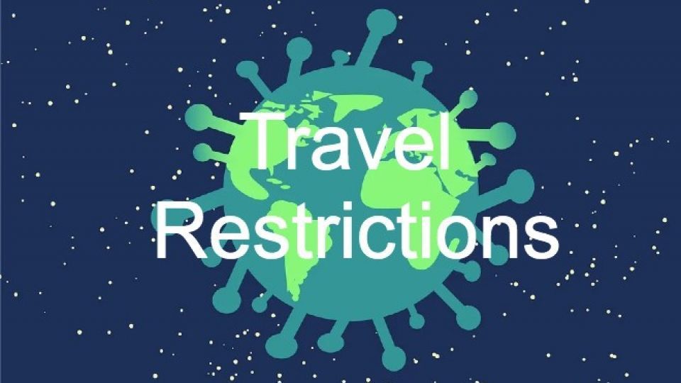 Covid germ with Travel Restrictions written over image