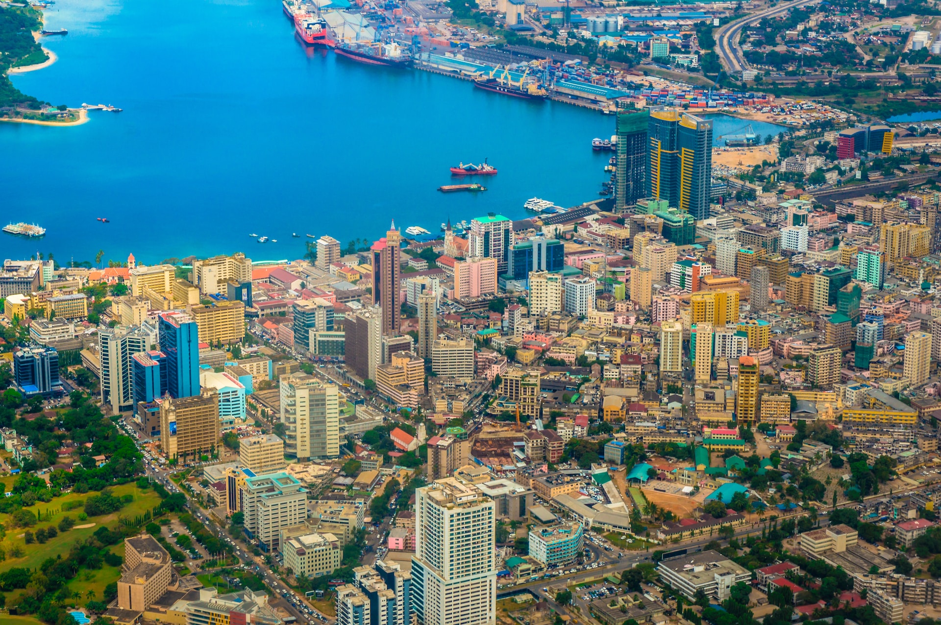 Aerial view of buildings and bay of Dar Es Salaam